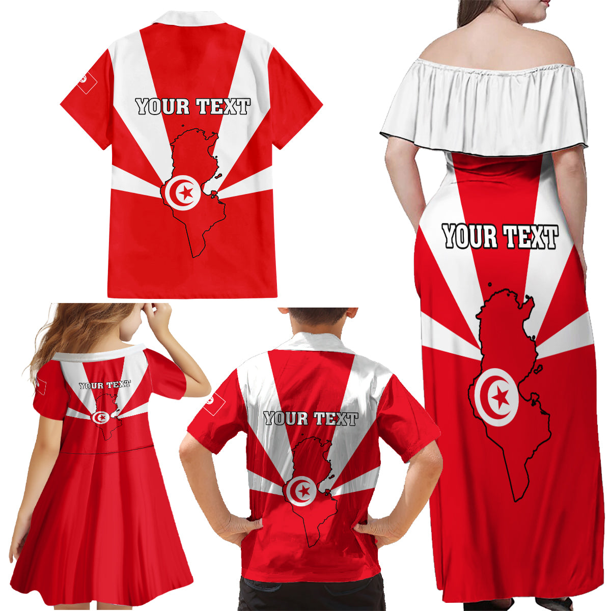 Tunisia Independence Day Family Matching Off Shoulder Maxi Dress and Hawaiian Shirt Coat Of Arms Flag Style - Wonder Print Shop