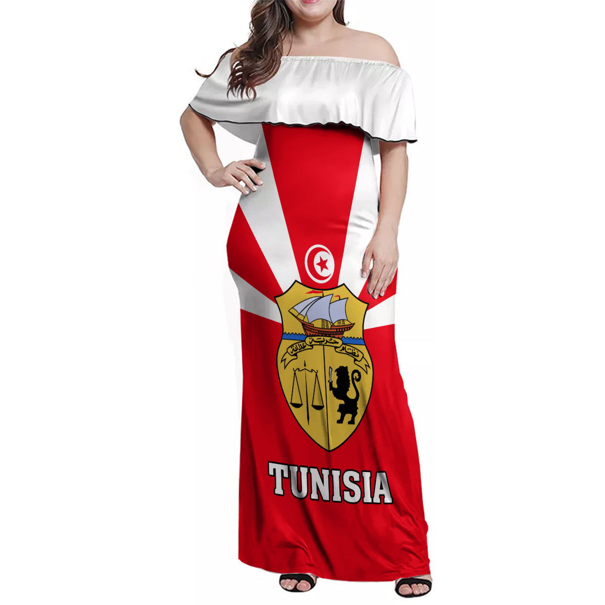Tunisia Independence Day Family Matching Off Shoulder Maxi Dress and Hawaiian Shirt Coat Of Arms Flag Style - Wonder Print Shop