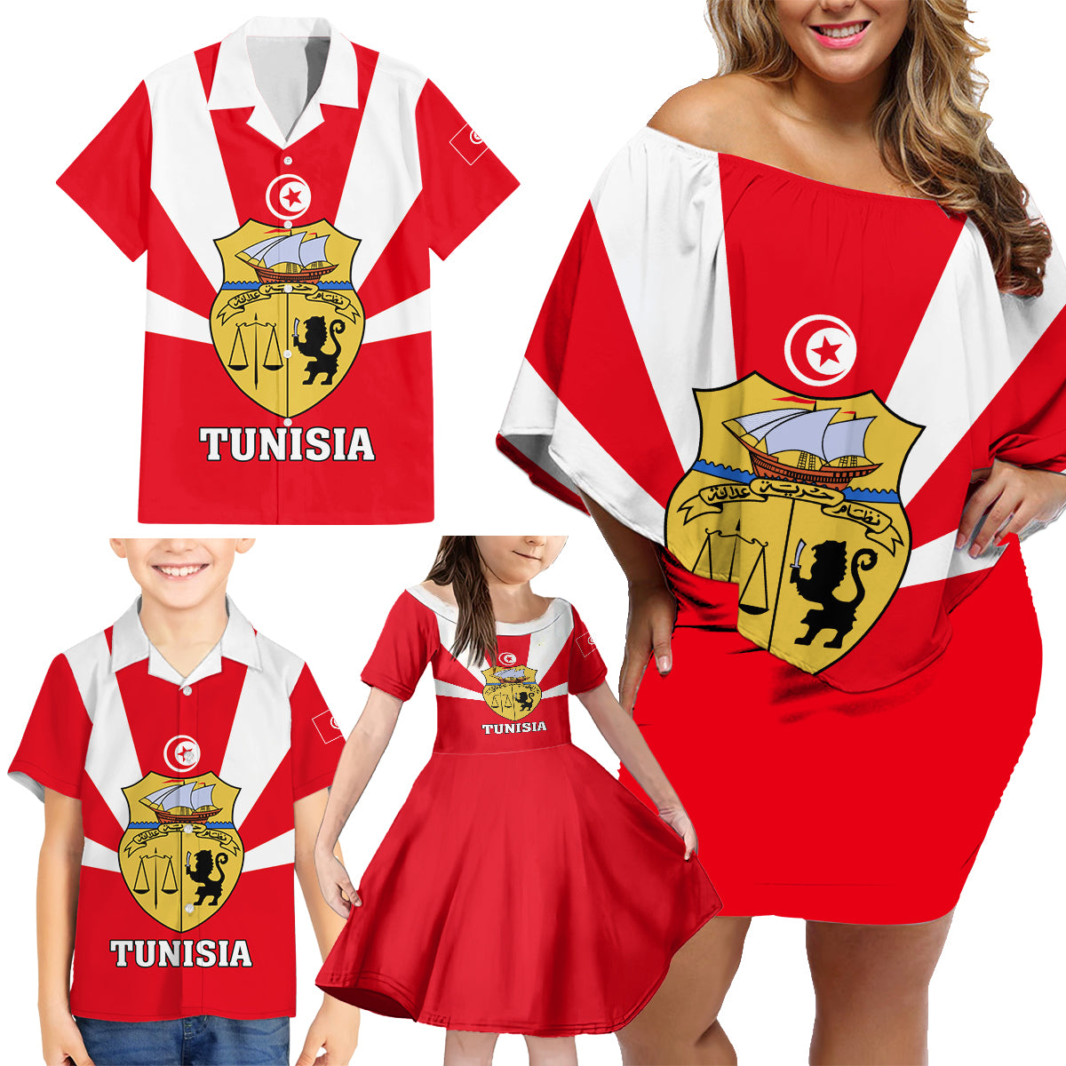 Tunisia Independence Day Family Matching Off Shoulder Short Dress and Hawaiian Shirt Coat Of Arms Flag Style - Wonder Print Shop