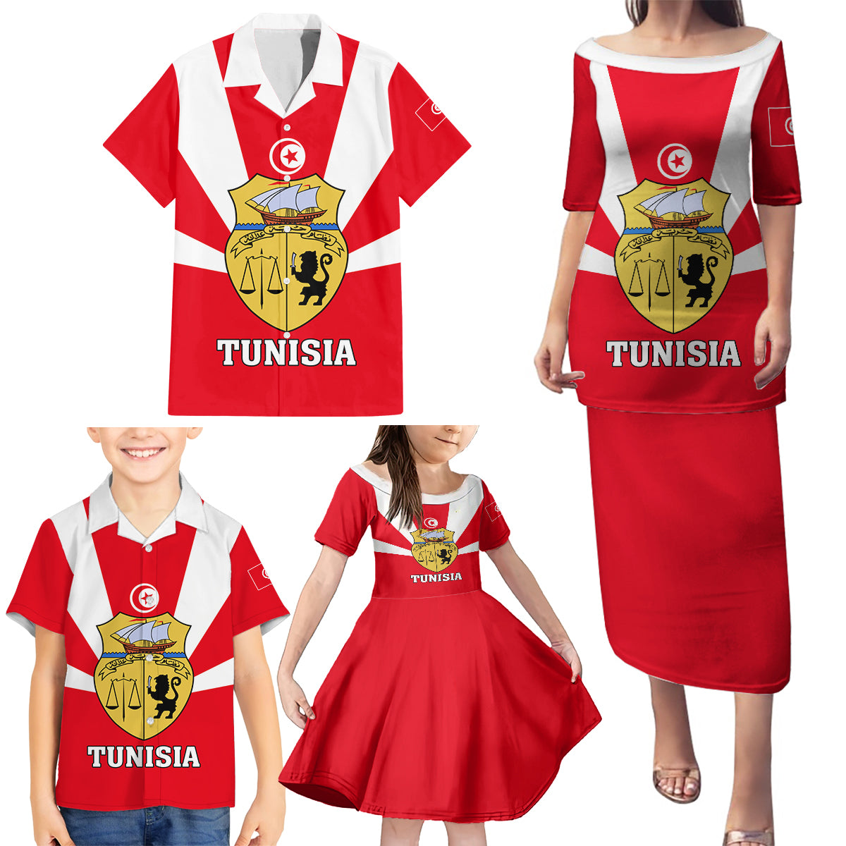 Tunisia Independence Day Family Matching Puletasi and Hawaiian Shirt Coat Of Arms Flag Style - Wonder Print Shop