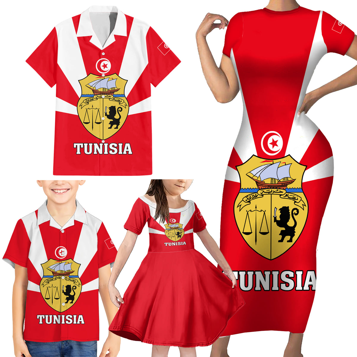 Tunisia Independence Day Family Matching Short Sleeve Bodycon Dress and Hawaiian Shirt Coat Of Arms Flag Style - Wonder Print Shop