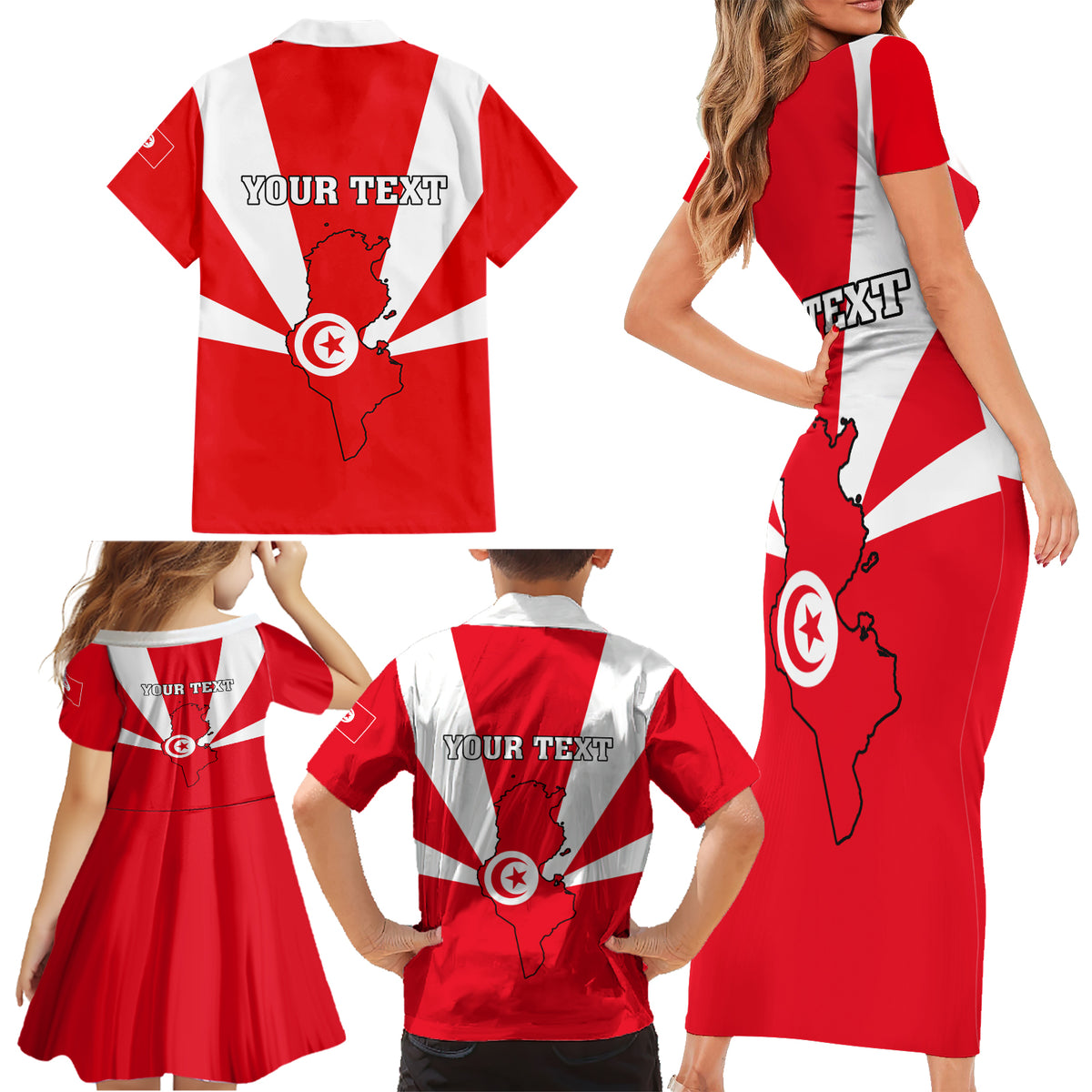 Tunisia Independence Day Family Matching Short Sleeve Bodycon Dress and Hawaiian Shirt Coat Of Arms Flag Style - Wonder Print Shop
