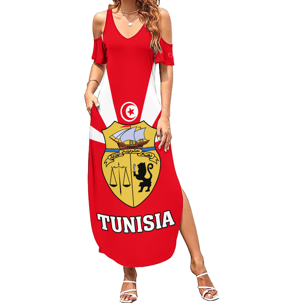 Tunisia Independence Day Family Matching Summer Maxi Dress and Hawaiian Shirt Coat Of Arms Flag Style - Wonder Print Shop