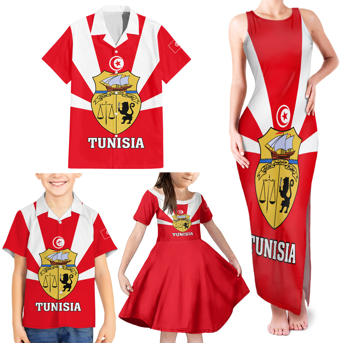 Tunisia Independence Day Family Matching Tank Maxi Dress and Hawaiian Shirt Coat Of Arms Flag Style - Wonder Print Shop