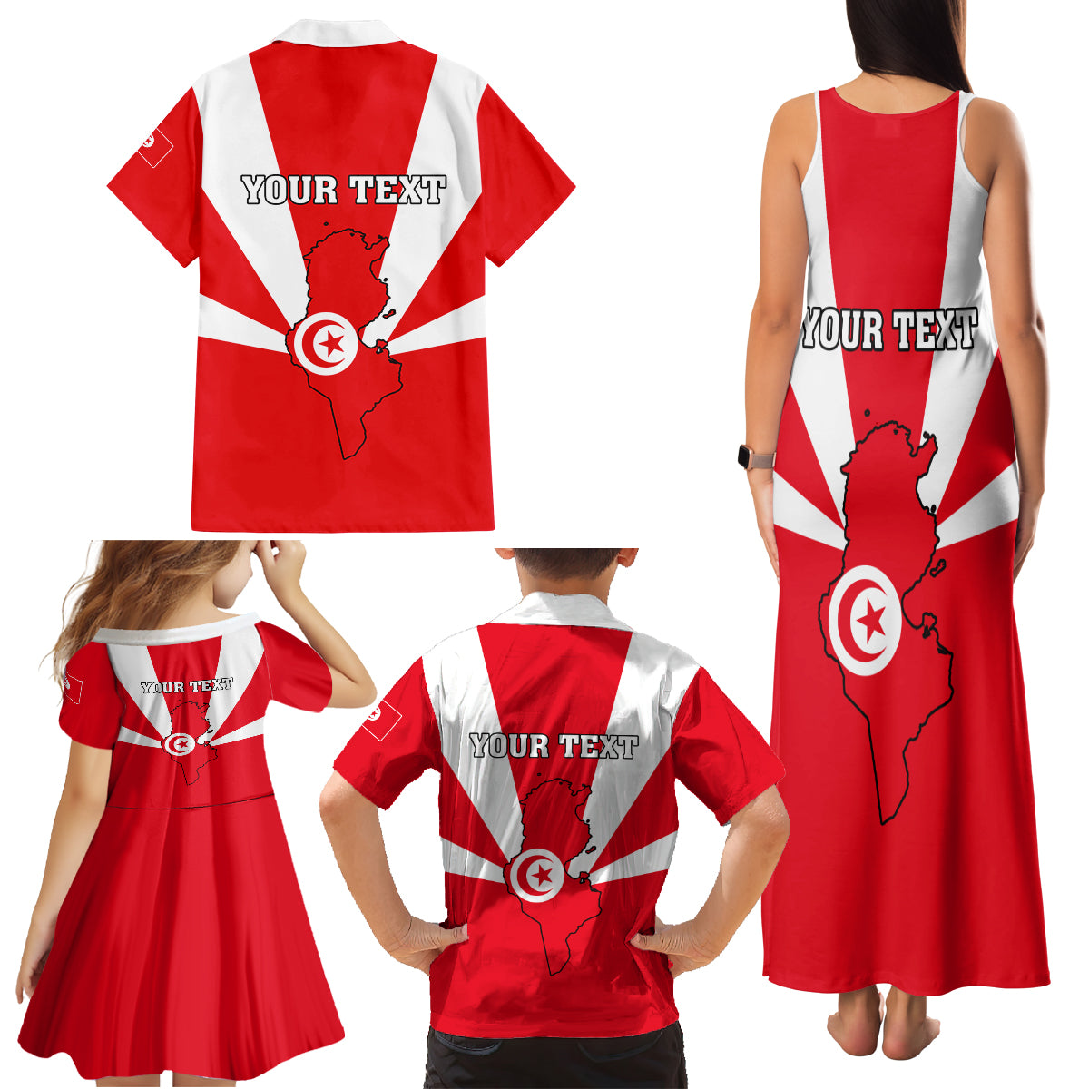 Tunisia Independence Day Family Matching Tank Maxi Dress and Hawaiian Shirt Coat Of Arms Flag Style - Wonder Print Shop