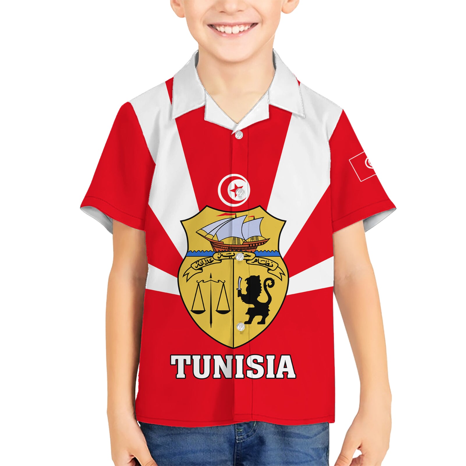 Tunisia Independence Day Kid Hawaiian Shirt Coat Of Arms Flag Style - Wonder Print Shop