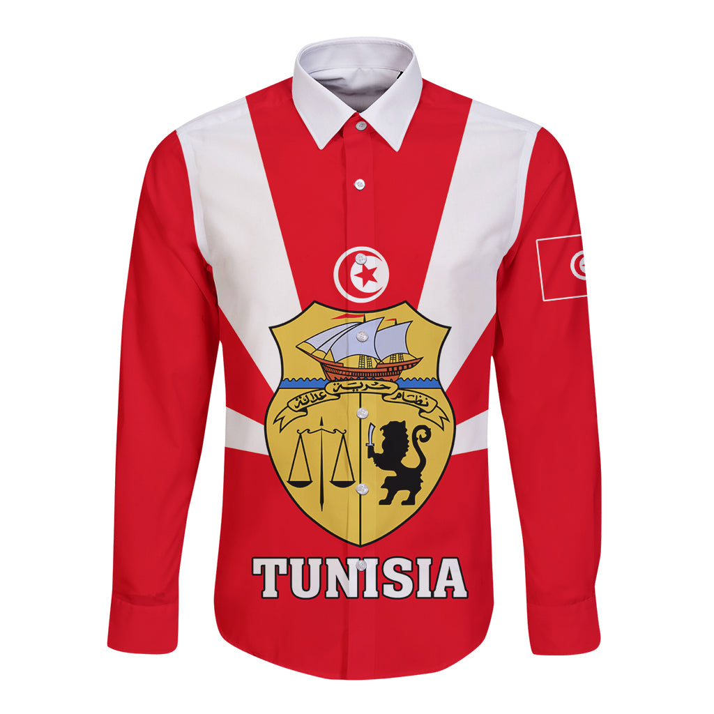 Tunisia Independence Day Long Sleeve Button Shirt Coat Of Arms Flag Style - Wonder Print Shop
