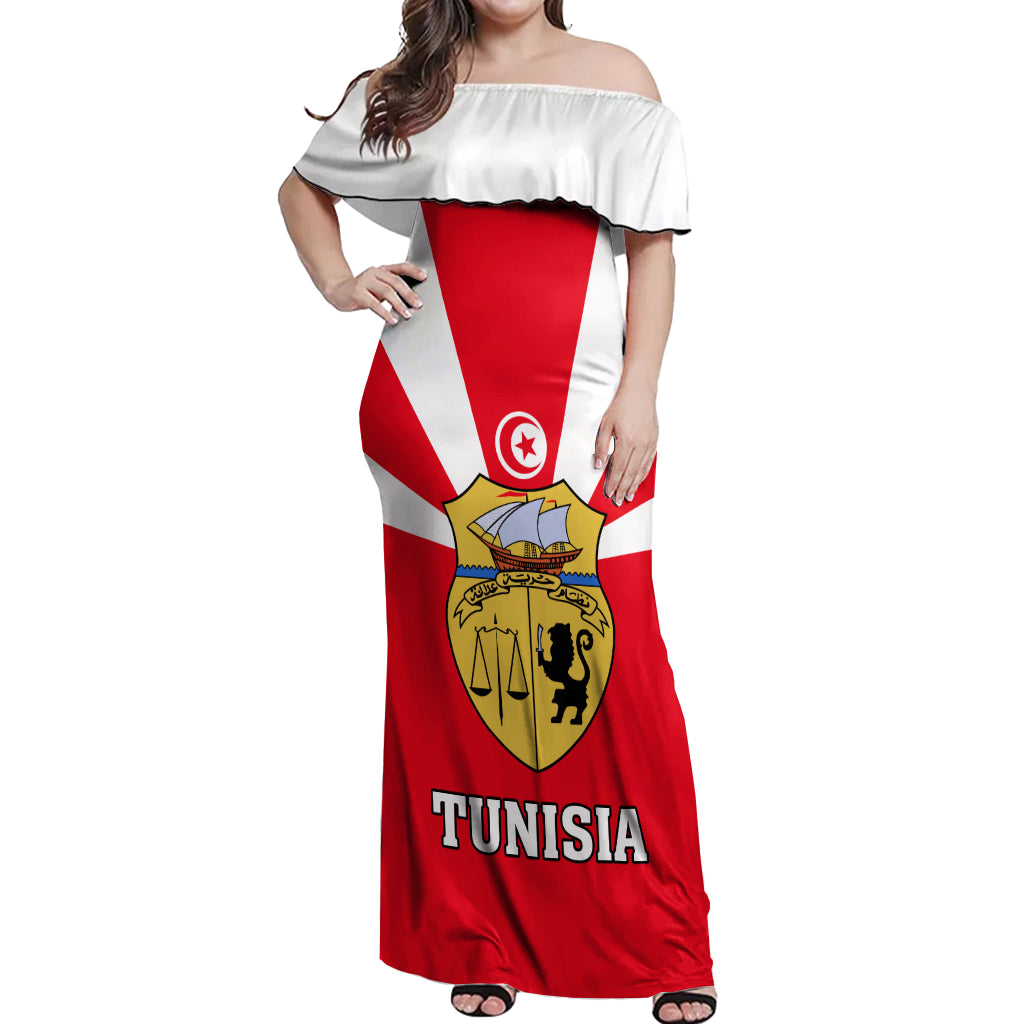 Tunisia Independence Day Off Shoulder Maxi Dress Coat Of Arms Flag Style - Wonder Print Shop