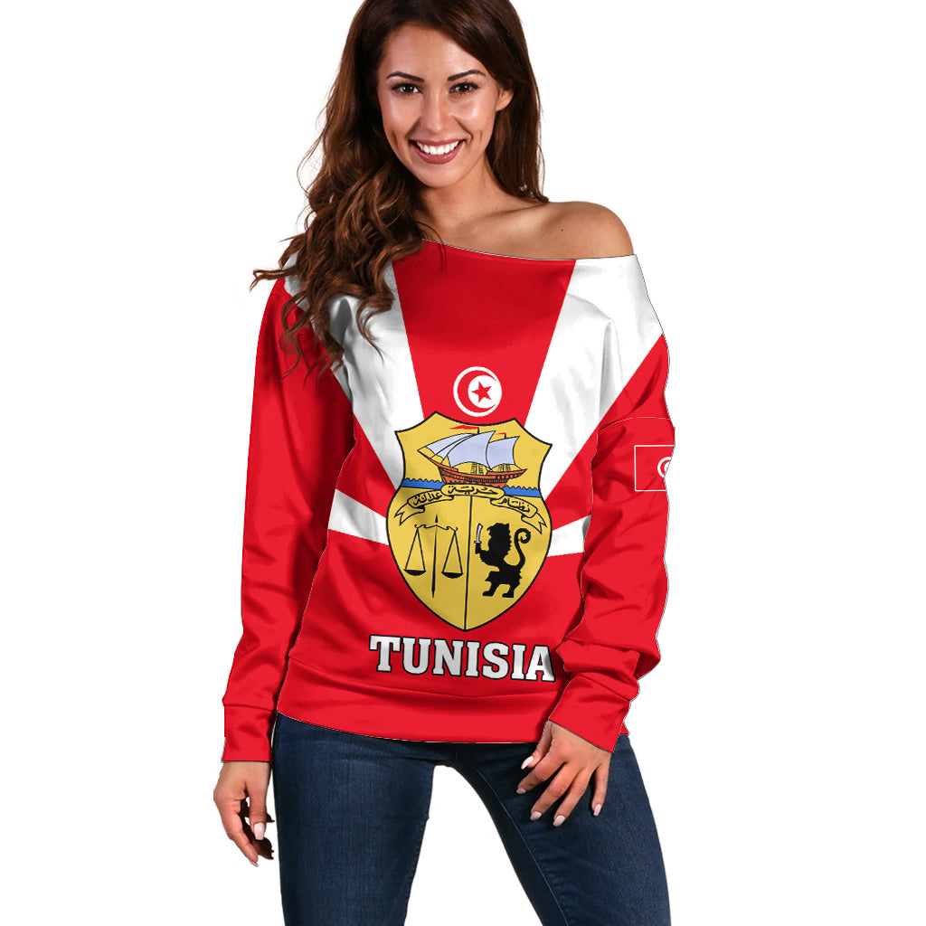 Tunisia Independence Day Off Shoulder Sweater Coat Of Arms Flag Style - Wonder Print Shop