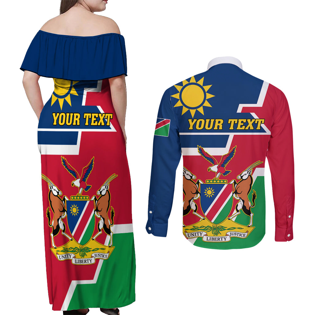 Namibia Independence Day Couples Matching Off Shoulder Maxi Dress and Long Sleeve Button Shirt Coat Of Arms Unique Style - Wonder Print Shop