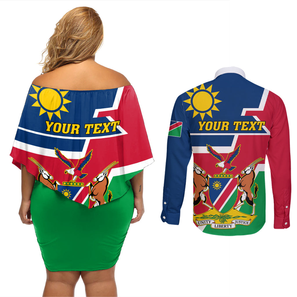 Namibia Independence Day Couples Matching Off Shoulder Short Dress and Long Sleeve Button Shirt Coat Of Arms Unique Style - Wonder Print Shop