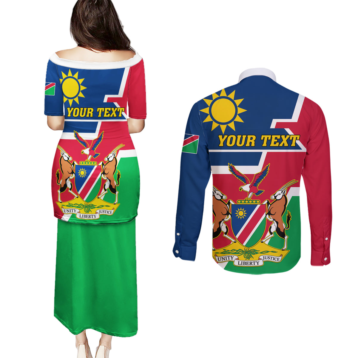 Namibia Independence Day Couples Matching Puletasi and Long Sleeve Button Shirt Coat Of Arms Unique Style - Wonder Print Shop
