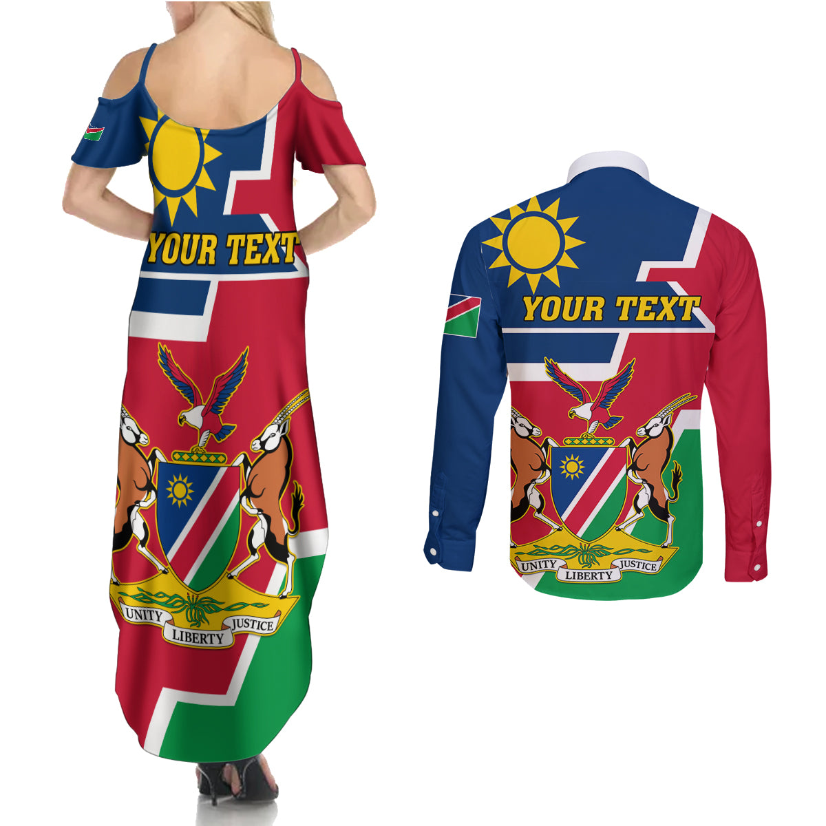 Namibia Independence Day Couples Matching Summer Maxi Dress and Long Sleeve Button Shirt Coat Of Arms Unique Style - Wonder Print Shop