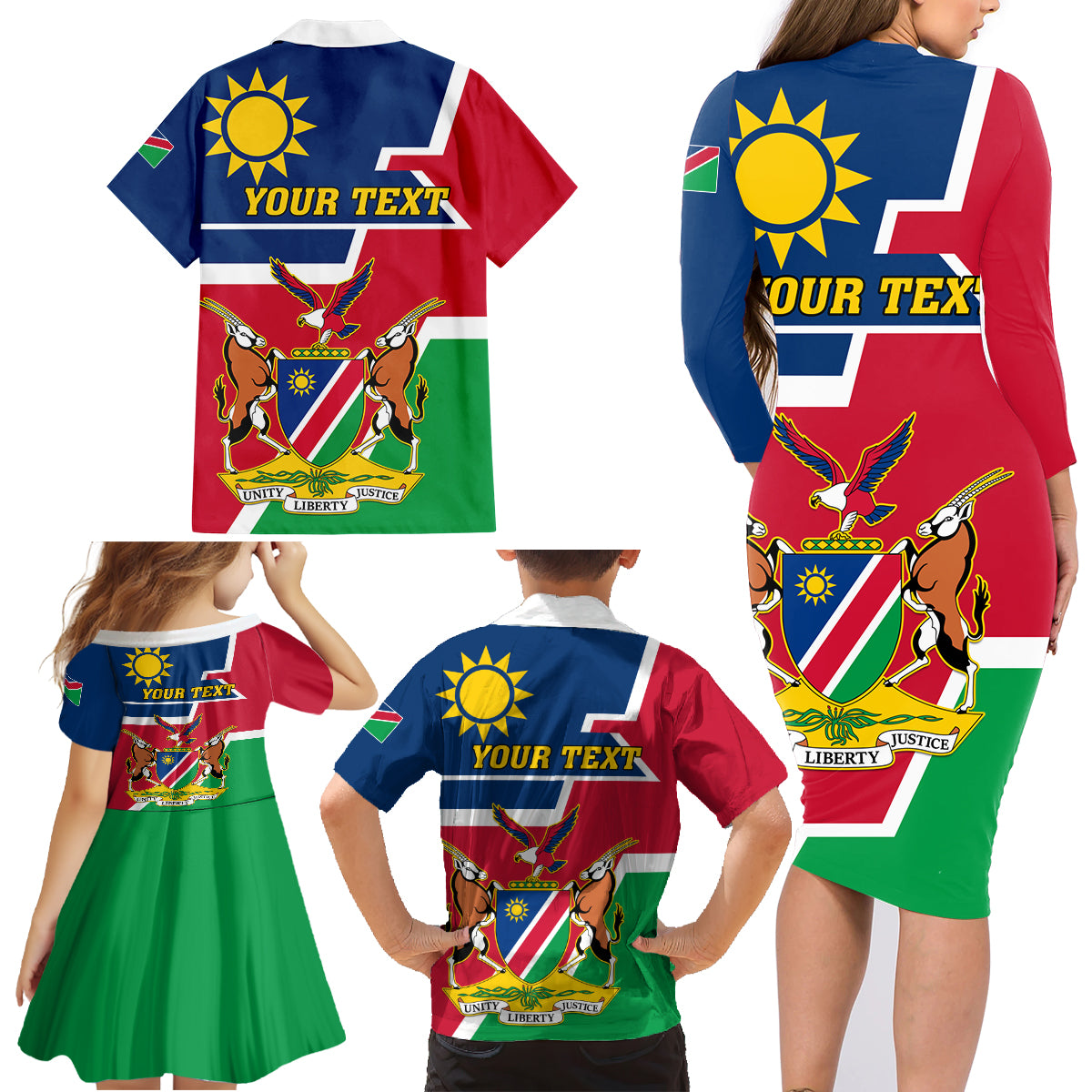 Namibia Independence Day Family Matching Long Sleeve Bodycon Dress and Hawaiian Shirt Coat Of Arms Unique Style - Wonder Print Shop