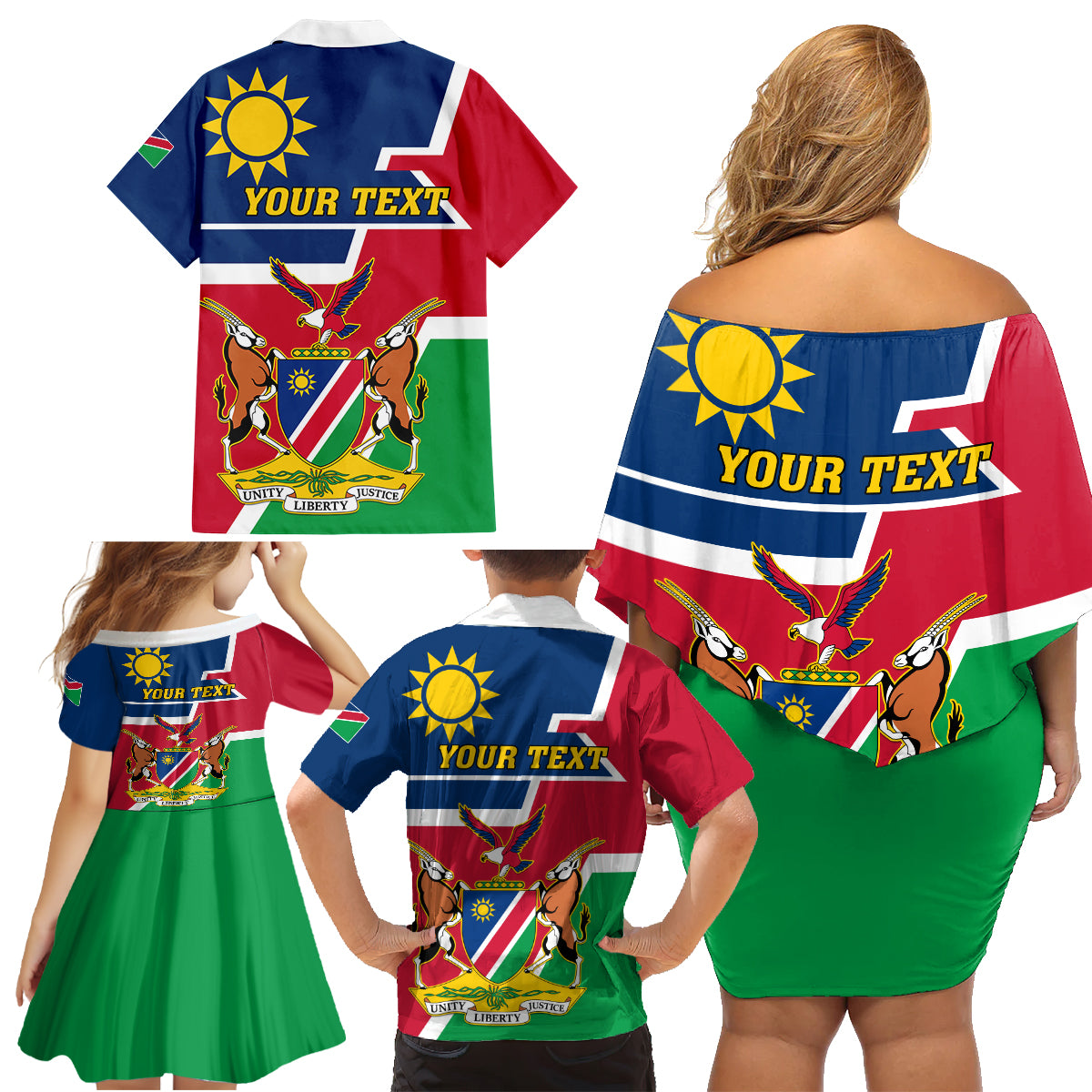 Namibia Independence Day Family Matching Off Shoulder Short Dress and Hawaiian Shirt Coat Of Arms Unique Style - Wonder Print Shop