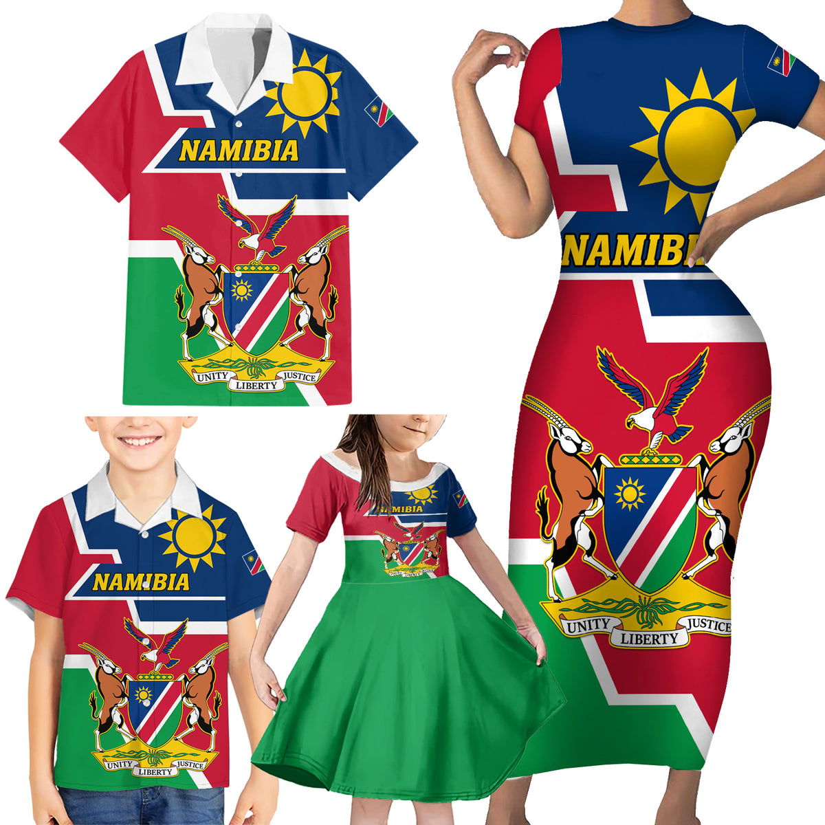 Namibia Independence Day Family Matching Short Sleeve Bodycon Dress and Hawaiian Shirt Coat Of Arms Unique Style - Wonder Print Shop