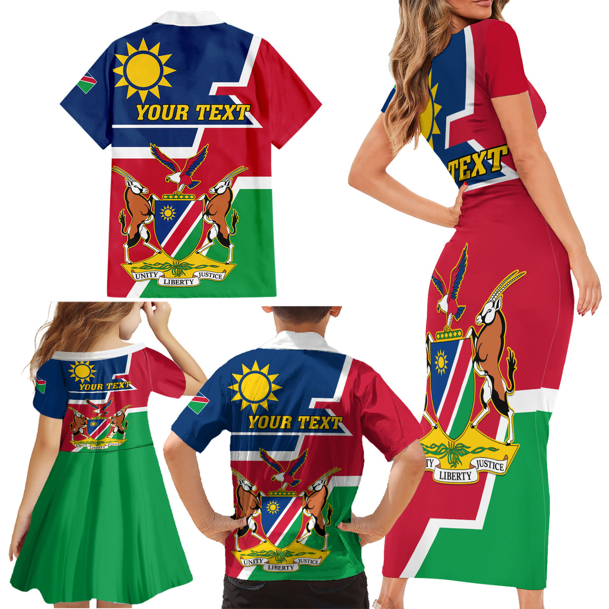 Namibia Independence Day Family Matching Short Sleeve Bodycon Dress and Hawaiian Shirt Coat Of Arms Unique Style - Wonder Print Shop