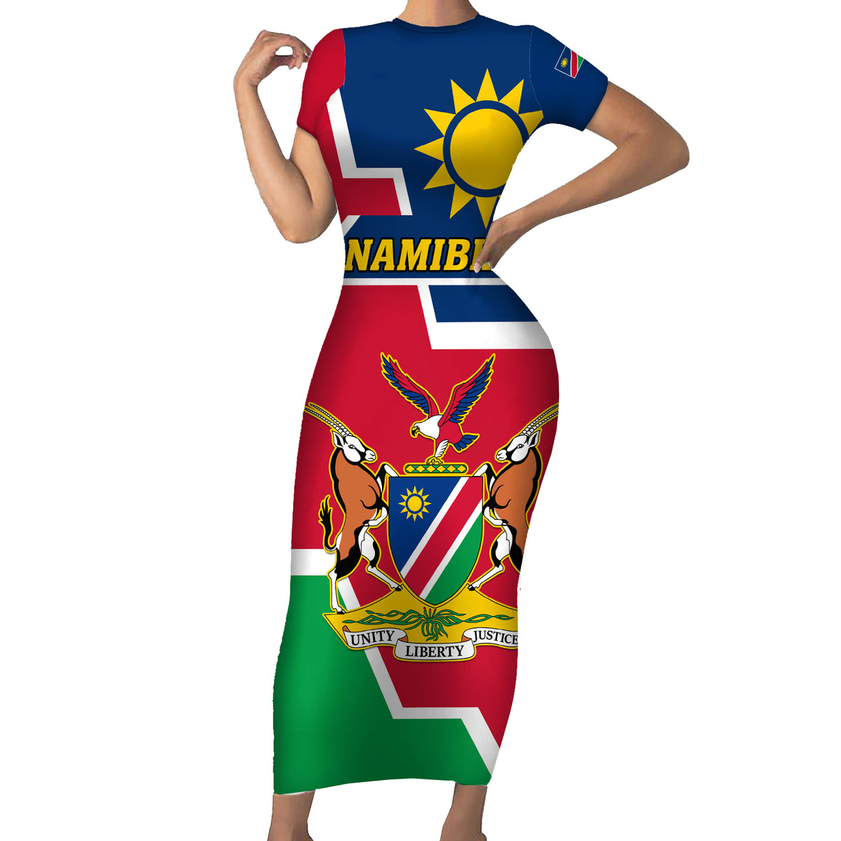 Namibia Independence Day Family Matching Short Sleeve Bodycon Dress and Hawaiian Shirt Coat Of Arms Unique Style - Wonder Print Shop
