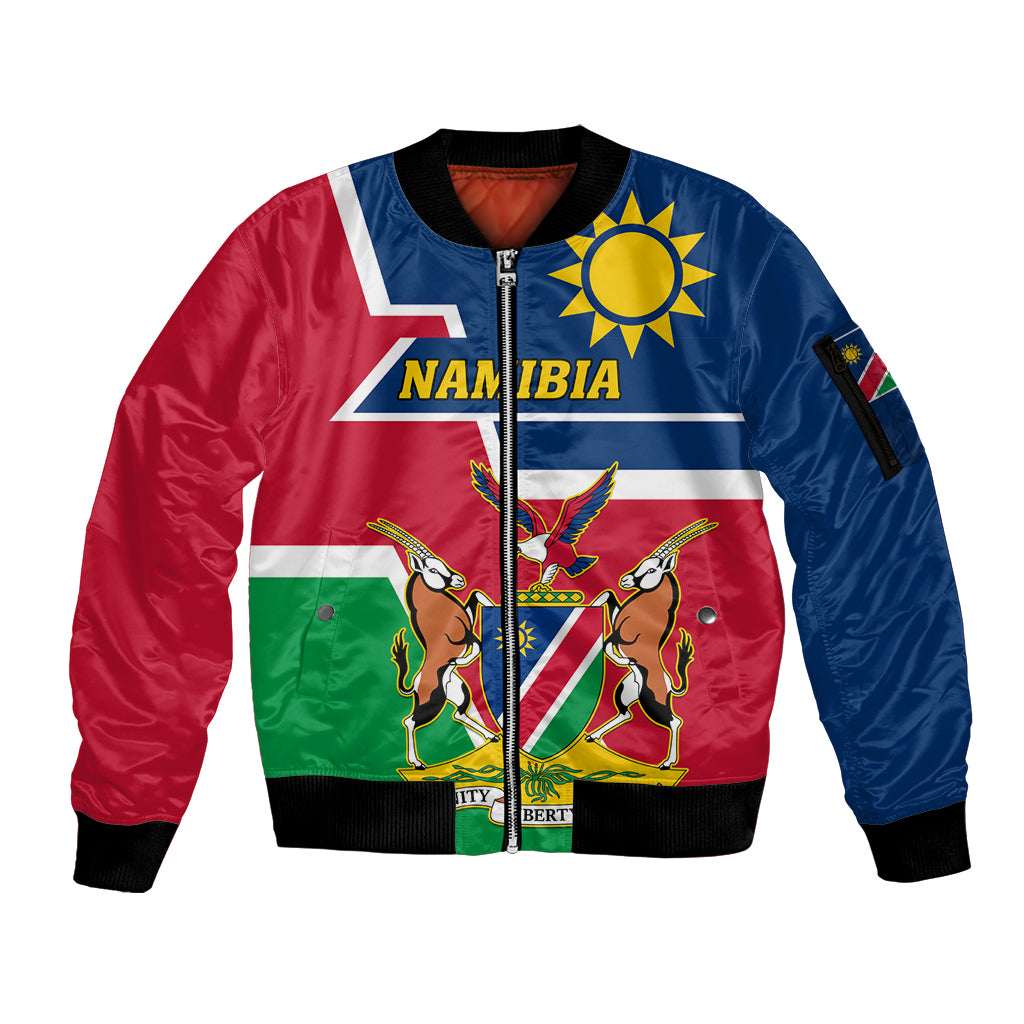 Namibia Independence Day Sleeve Zip Bomber Jacket Coat Of Arms Unique Style - Wonder Print Shop