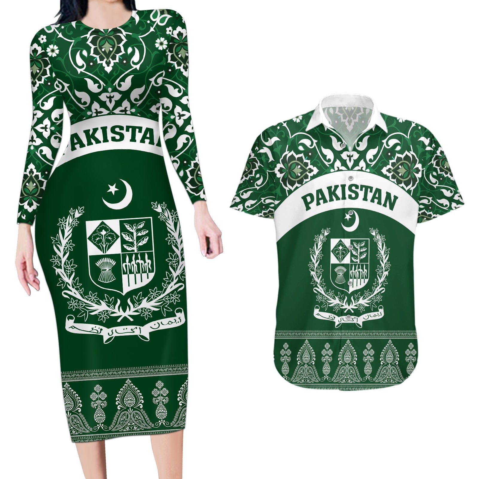Pakistan Day Couples Matching Long Sleeve Bodycon Dress and Hawaiian Shirt Coat Of Arms Mix Islamic Pattern - Wonder Print Shop