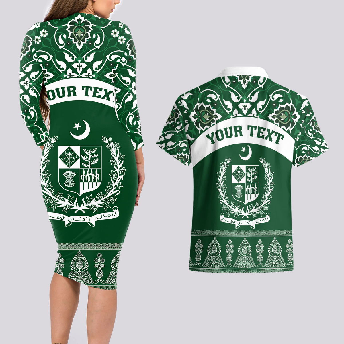 Pakistan Day Couples Matching Long Sleeve Bodycon Dress and Hawaiian Shirt Coat Of Arms Mix Islamic Pattern - Wonder Print Shop