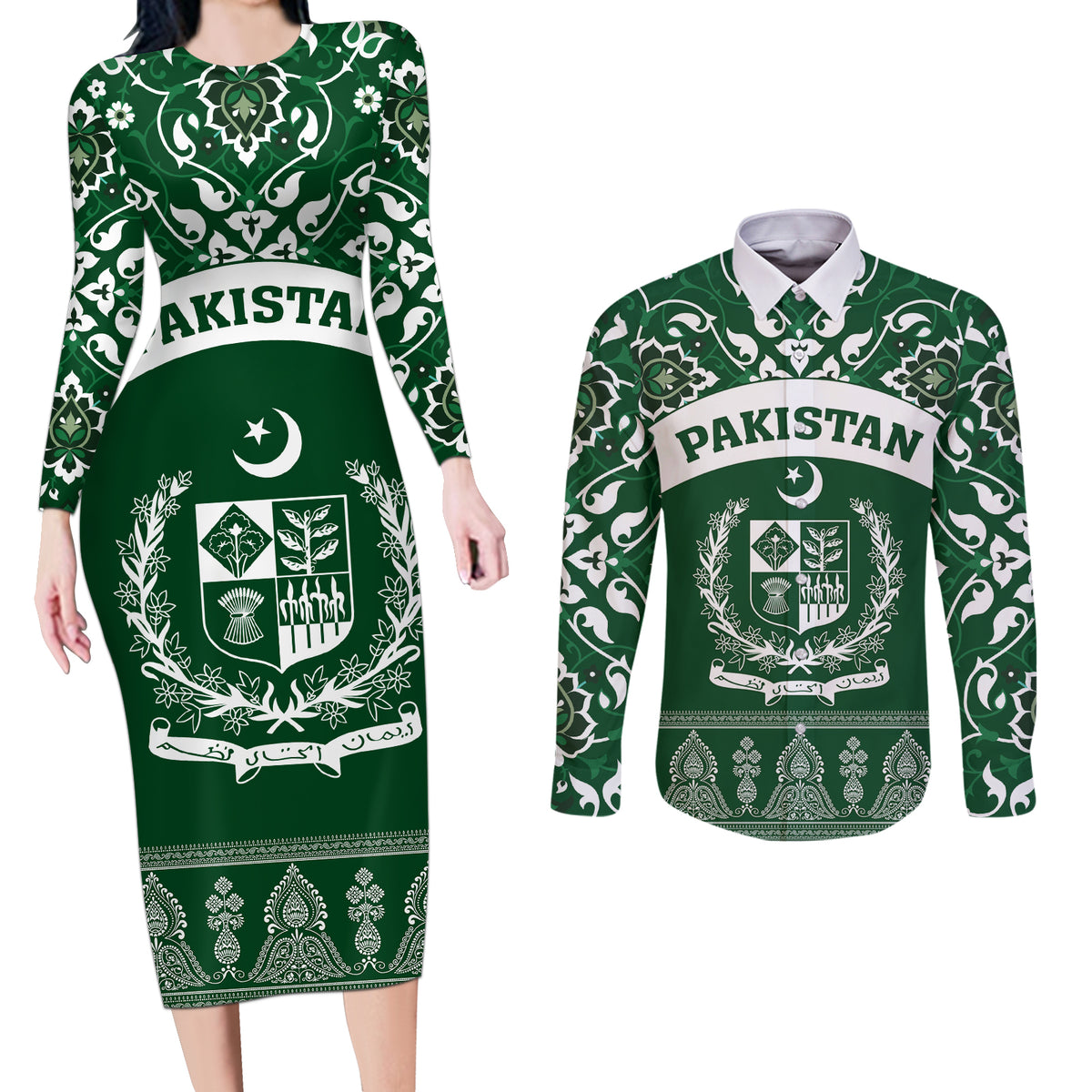 Pakistan Day Couples Matching Long Sleeve Bodycon Dress and Long Sleeve Button Shirt Coat Of Arms Mix Islamic Pattern - Wonder Print Shop