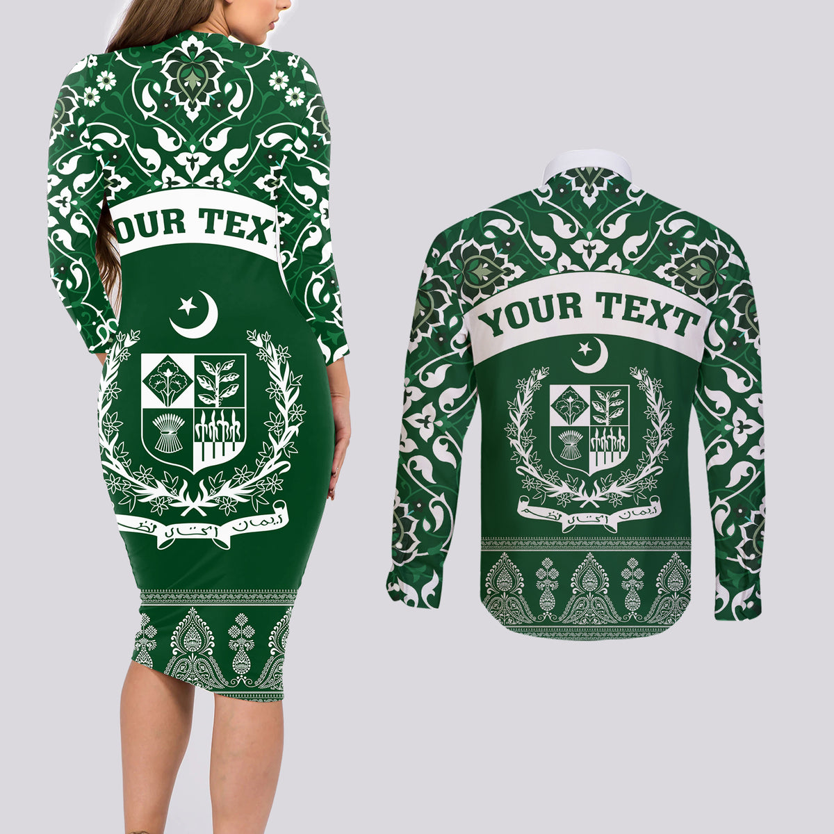 Pakistan Day Couples Matching Long Sleeve Bodycon Dress and Long Sleeve Button Shirt Coat Of Arms Mix Islamic Pattern - Wonder Print Shop