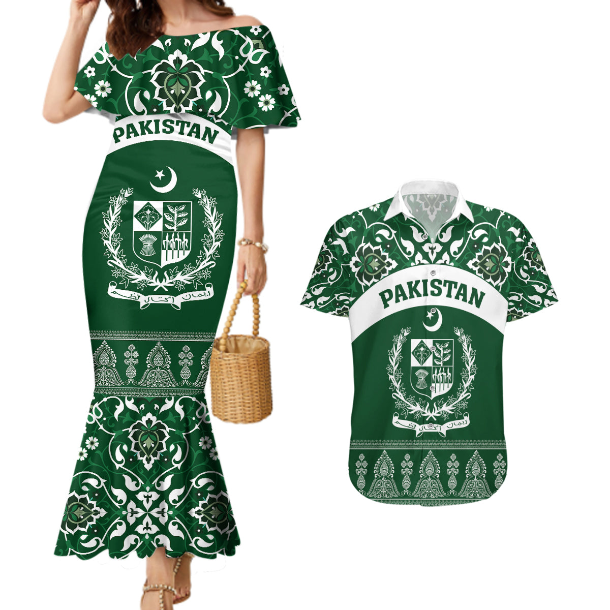 Pakistan Day Couples Matching Mermaid Dress and Hawaiian Shirt Coat Of Arms Mix Islamic Pattern - Wonder Print Shop