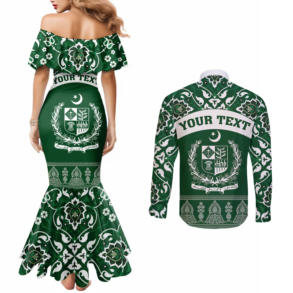 Pakistan Day Couples Matching Mermaid Dress and Long Sleeve Button Shirt Coat Of Arms Mix Islamic Pattern