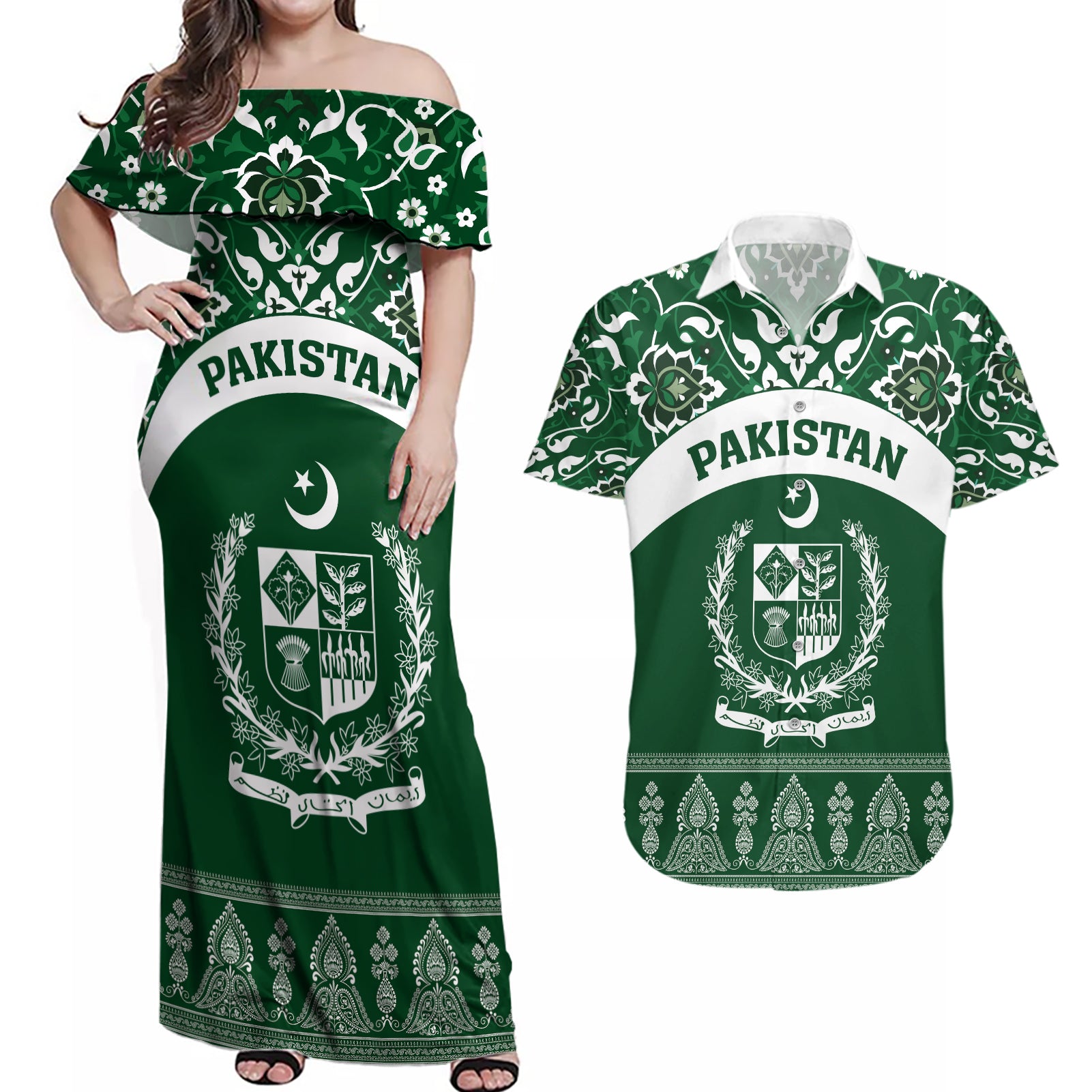 Pakistan Day Couples Matching Off Shoulder Maxi Dress and Hawaiian Shirt Coat Of Arms Mix Islamic Pattern - Wonder Print Shop