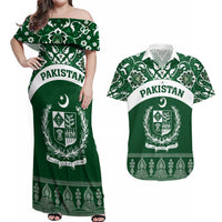 Pakistan Day Couples Matching Off Shoulder Maxi Dress and Hawaiian Shirt Coat Of Arms Mix Islamic Pattern - Wonder Print Shop