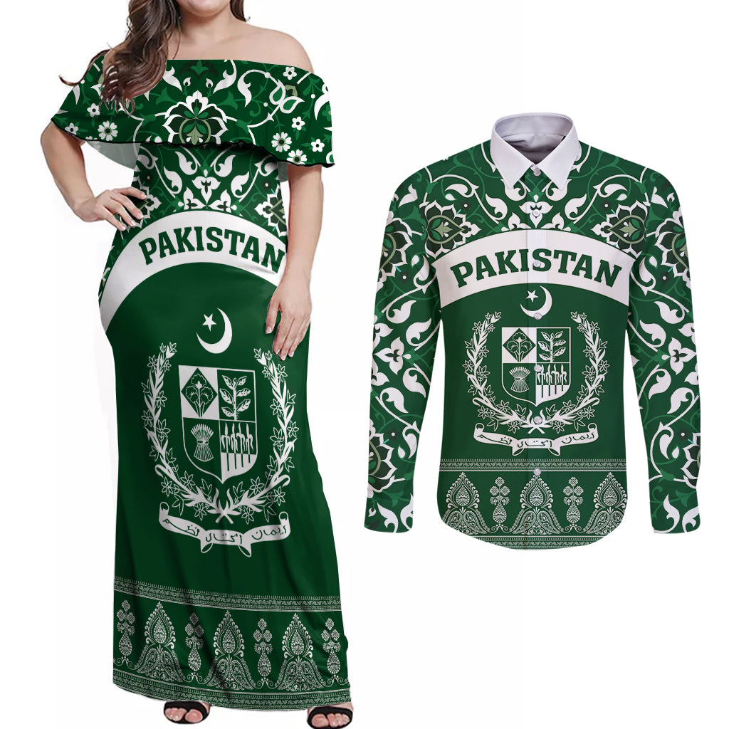 Pakistan Day Couples Matching Off Shoulder Maxi Dress and Long Sleeve Button Shirt Coat Of Arms Mix Islamic Pattern - Wonder Print Shop