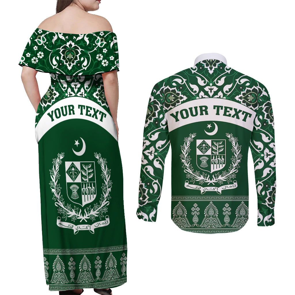 Pakistan Day Couples Matching Off Shoulder Maxi Dress and Long Sleeve Button Shirt Coat Of Arms Mix Islamic Pattern - Wonder Print Shop