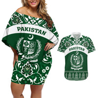 Pakistan Day Couples Matching Off Shoulder Short Dress and Hawaiian Shirt Coat Of Arms Mix Islamic Pattern - Wonder Print Shop