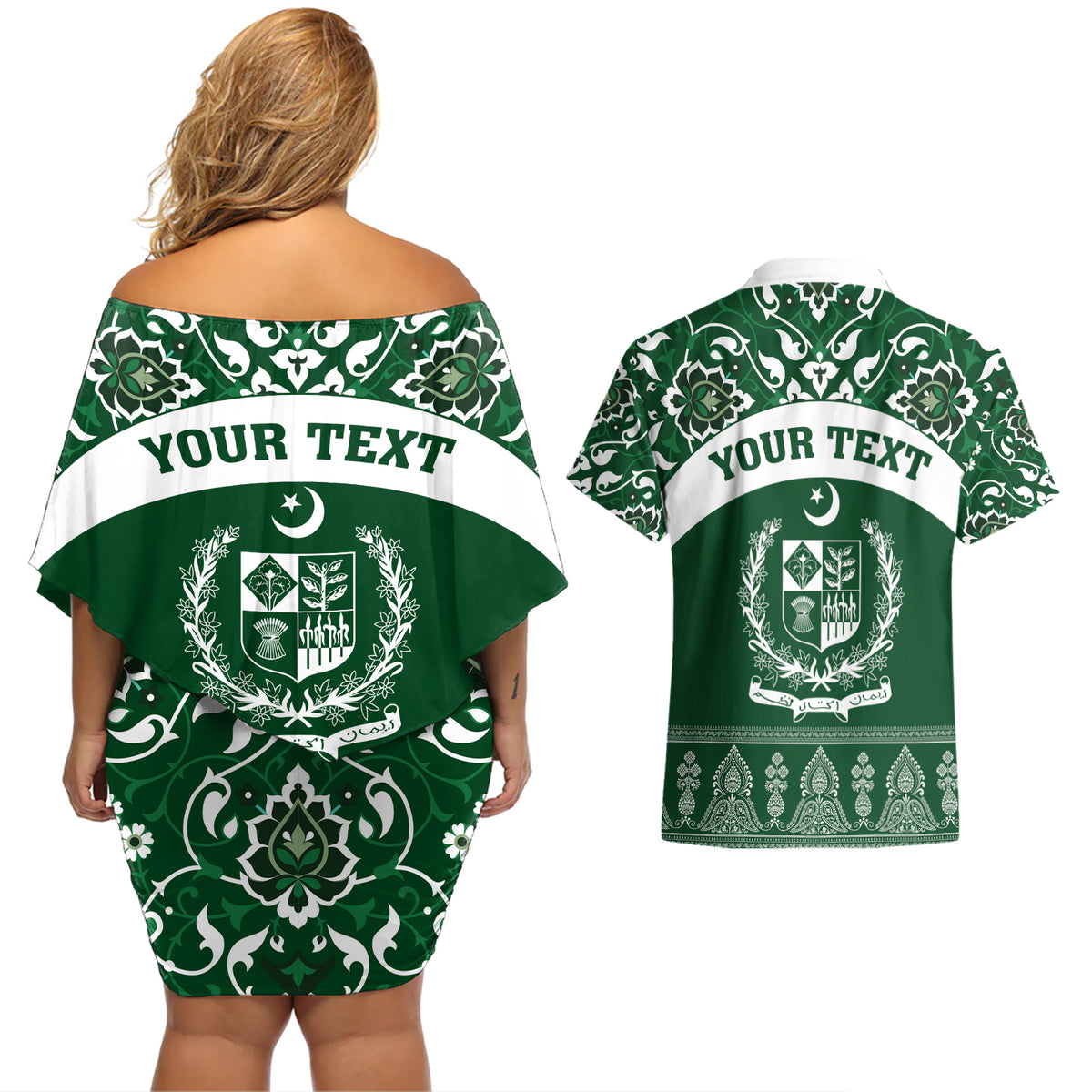 Pakistan Day Couples Matching Off Shoulder Short Dress and Hawaiian Shirt Coat Of Arms Mix Islamic Pattern - Wonder Print Shop
