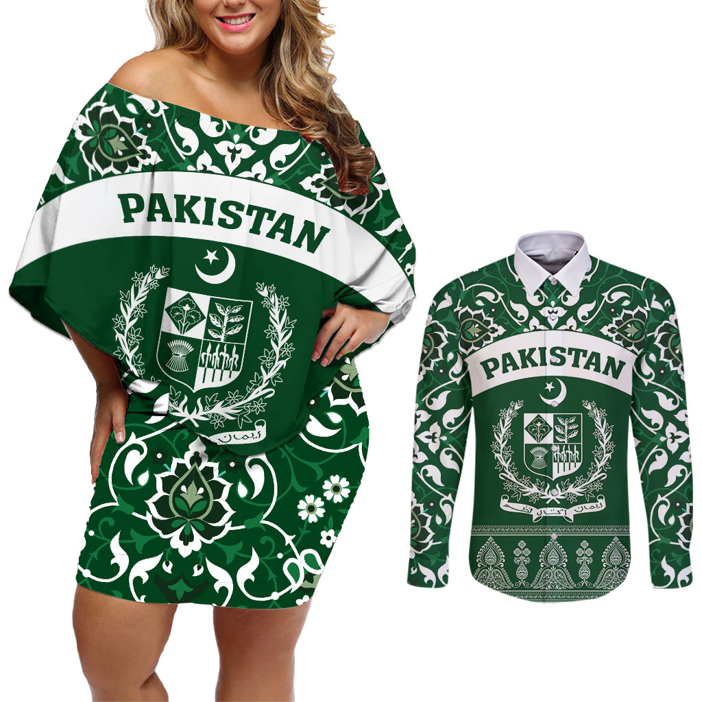 Pakistan Day Couples Matching Off Shoulder Short Dress and Long Sleeve Button Shirt Coat Of Arms Mix Islamic Pattern - Wonder Print Shop