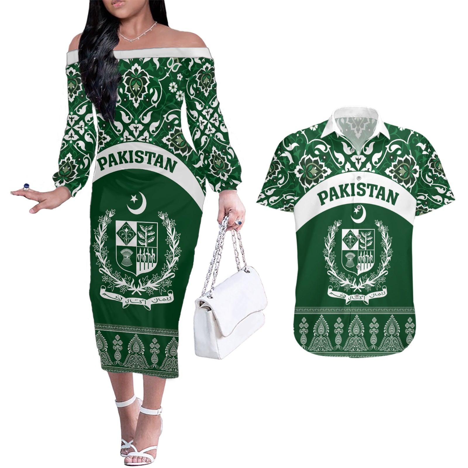 Pakistan Day Couples Matching Off The Shoulder Long Sleeve Dress and Hawaiian Shirt Coat Of Arms Mix Islamic Pattern - Wonder Print Shop