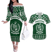 Pakistan Day Couples Matching Off The Shoulder Long Sleeve Dress and Hawaiian Shirt Coat Of Arms Mix Islamic Pattern - Wonder Print Shop