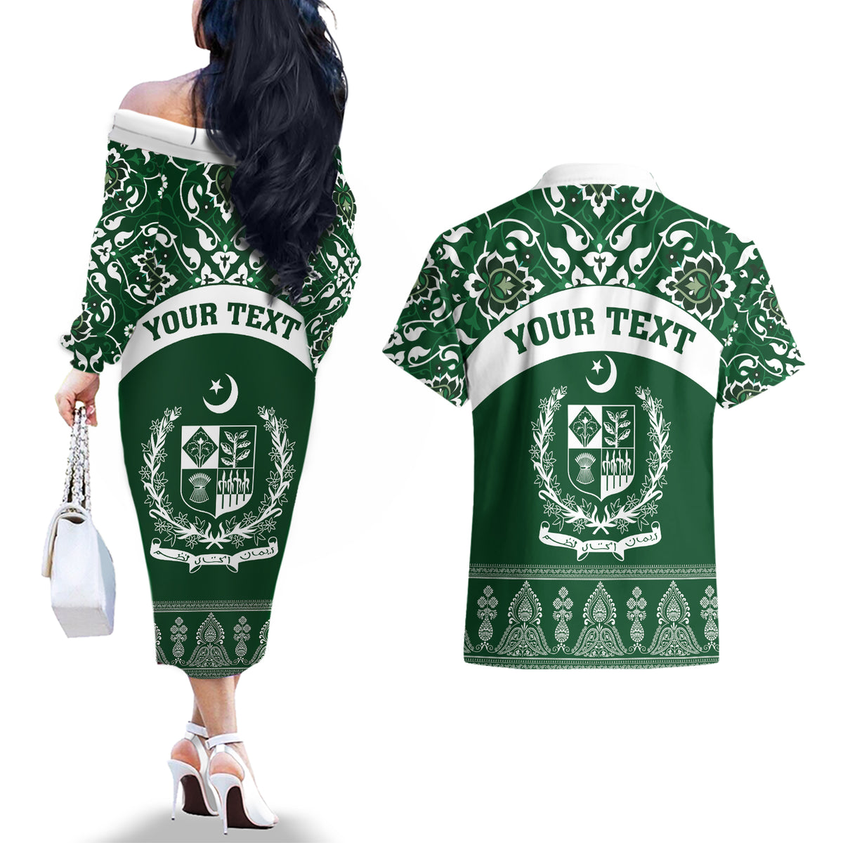 Pakistan Day Couples Matching Off The Shoulder Long Sleeve Dress and Hawaiian Shirt Coat Of Arms Mix Islamic Pattern - Wonder Print Shop