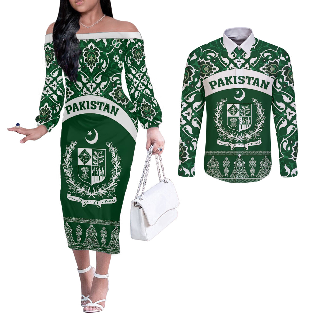 Pakistan Day Couples Matching Off The Shoulder Long Sleeve Dress and Long Sleeve Button Shirt Coat Of Arms Mix Islamic Pattern