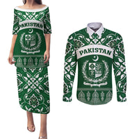 Pakistan Day Couples Matching Puletasi and Long Sleeve Button Shirt Coat Of Arms Mix Islamic Pattern - Wonder Print Shop