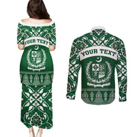 Pakistan Day Couples Matching Puletasi and Long Sleeve Button Shirt Coat Of Arms Mix Islamic Pattern - Wonder Print Shop