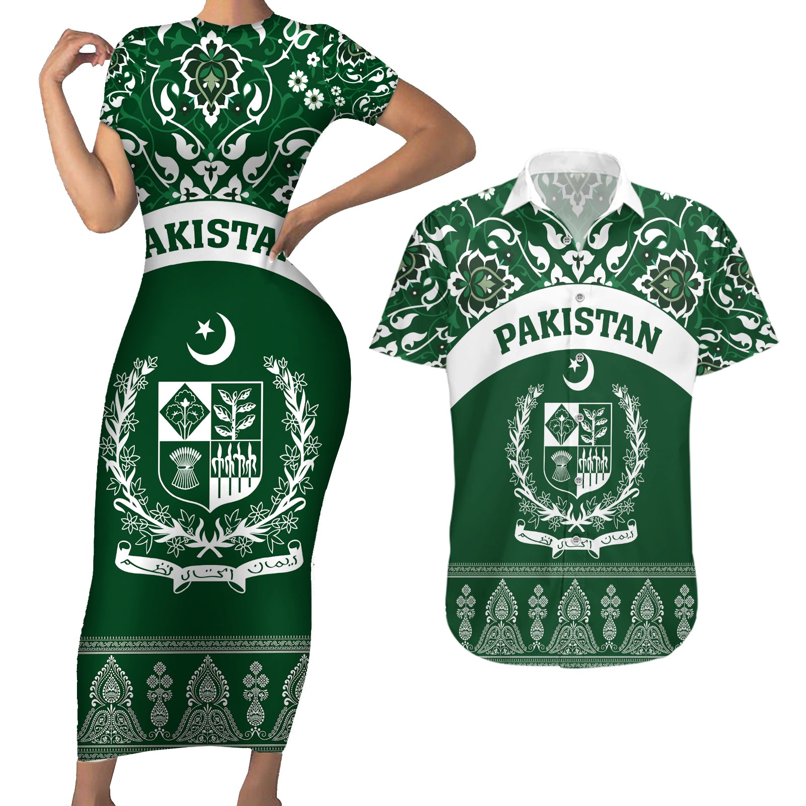 Pakistan Day Couples Matching Short Sleeve Bodycon Dress and Hawaiian Shirt Coat Of Arms Mix Islamic Pattern - Wonder Print Shop