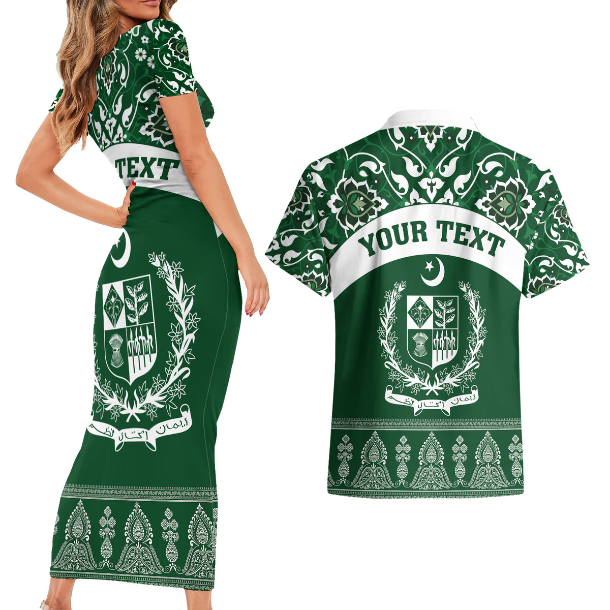 Pakistan Day Couples Matching Short Sleeve Bodycon Dress and Hawaiian Shirt Coat Of Arms Mix Islamic Pattern - Wonder Print Shop