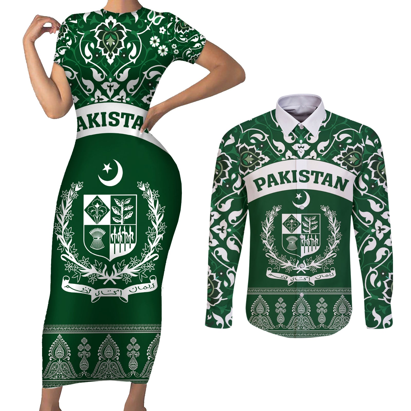 Pakistan Day Couples Matching Short Sleeve Bodycon Dress and Long Sleeve Button Shirt Coat Of Arms Mix Islamic Pattern - Wonder Print Shop