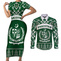 Pakistan Day Couples Matching Short Sleeve Bodycon Dress and Long Sleeve Button Shirt Coat Of Arms Mix Islamic Pattern - Wonder Print Shop