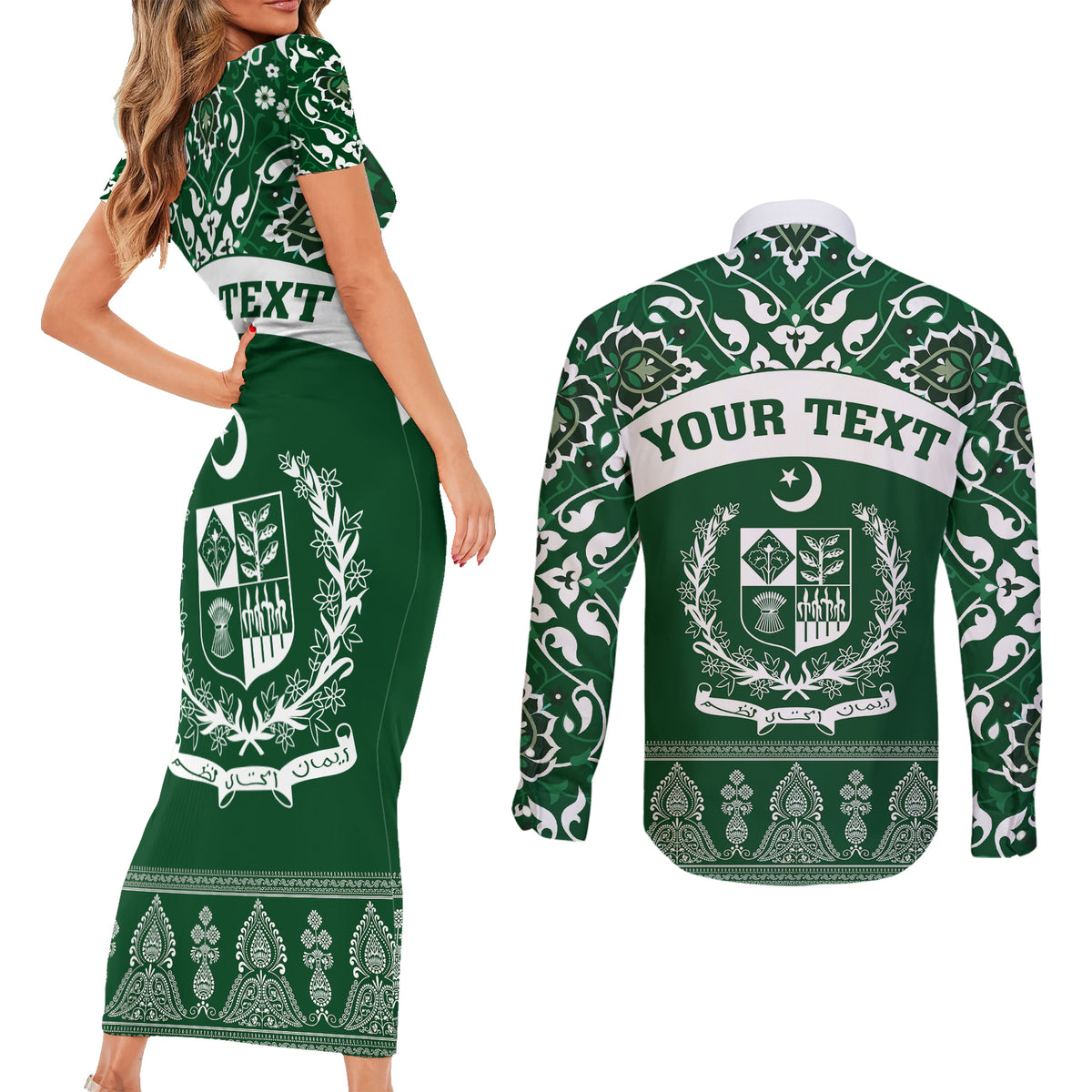 Pakistan Day Couples Matching Short Sleeve Bodycon Dress and Long Sleeve Button Shirt Coat Of Arms Mix Islamic Pattern - Wonder Print Shop