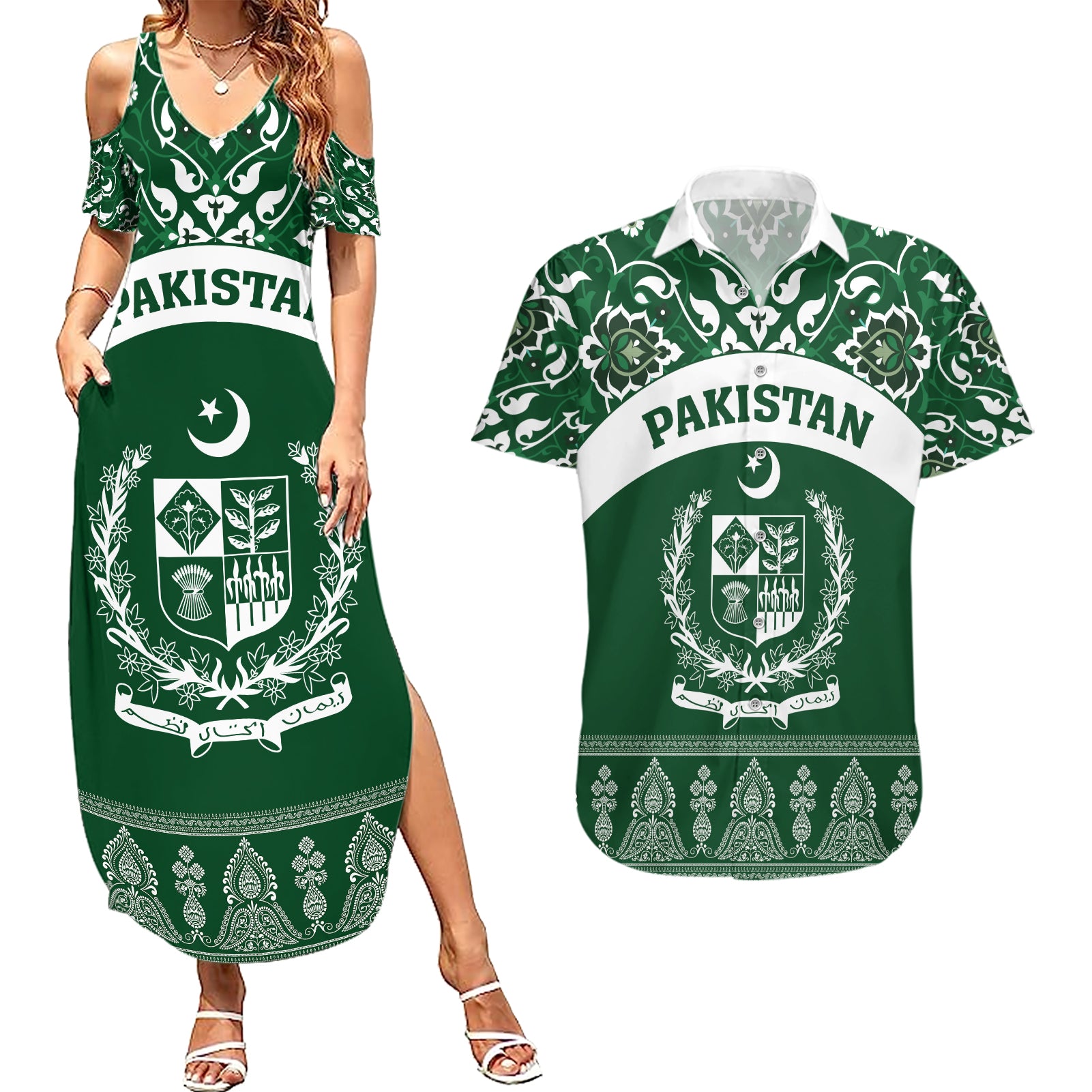 Pakistan Day Couples Matching Summer Maxi Dress and Hawaiian Shirt Coat Of Arms Mix Islamic Pattern - Wonder Print Shop