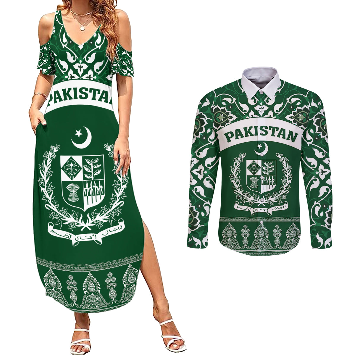 Pakistan Day Couples Matching Summer Maxi Dress and Long Sleeve Button Shirt Coat Of Arms Mix Islamic Pattern - Wonder Print Shop
