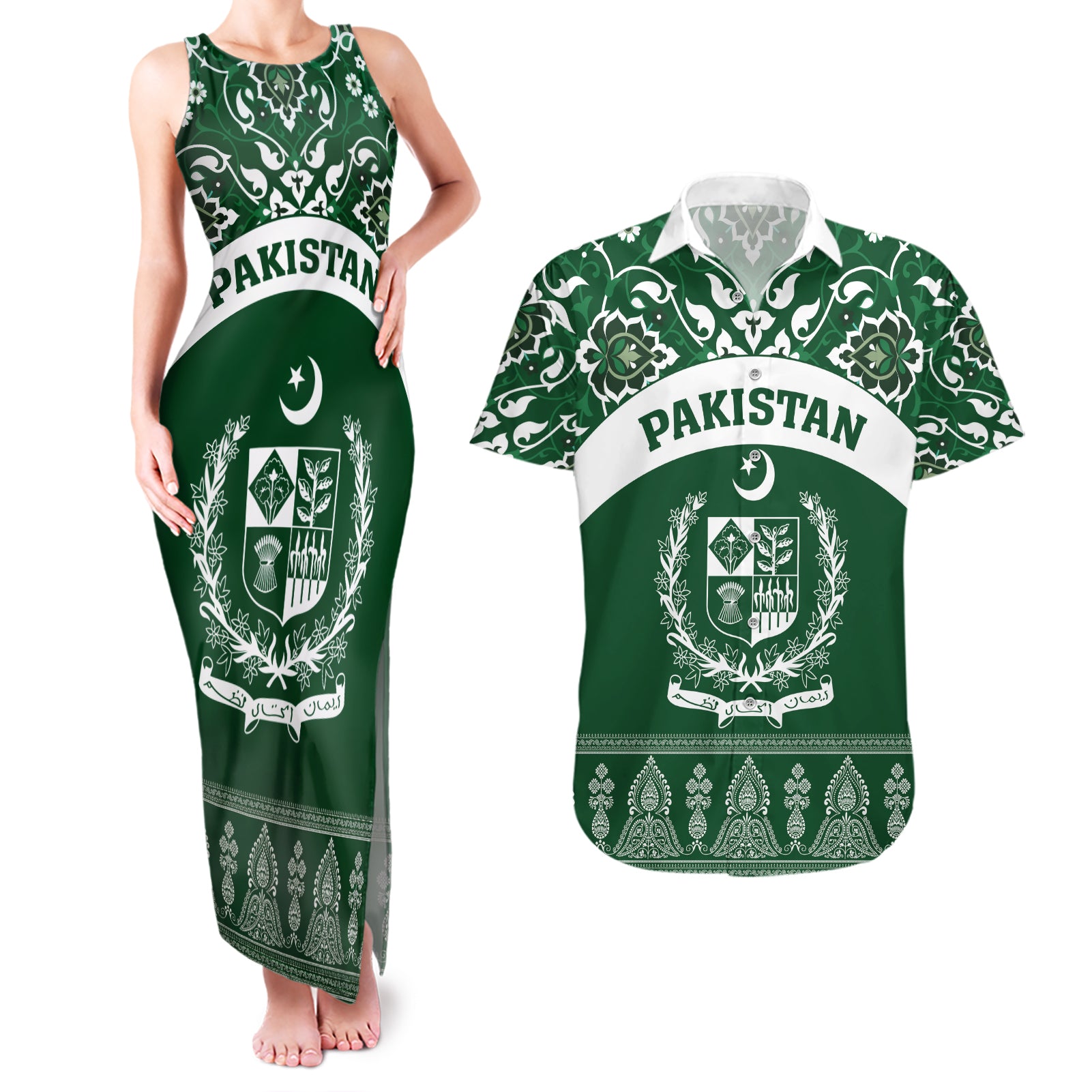 Pakistan Day Couples Matching Tank Maxi Dress and Hawaiian Shirt Coat Of Arms Mix Islamic Pattern - Wonder Print Shop